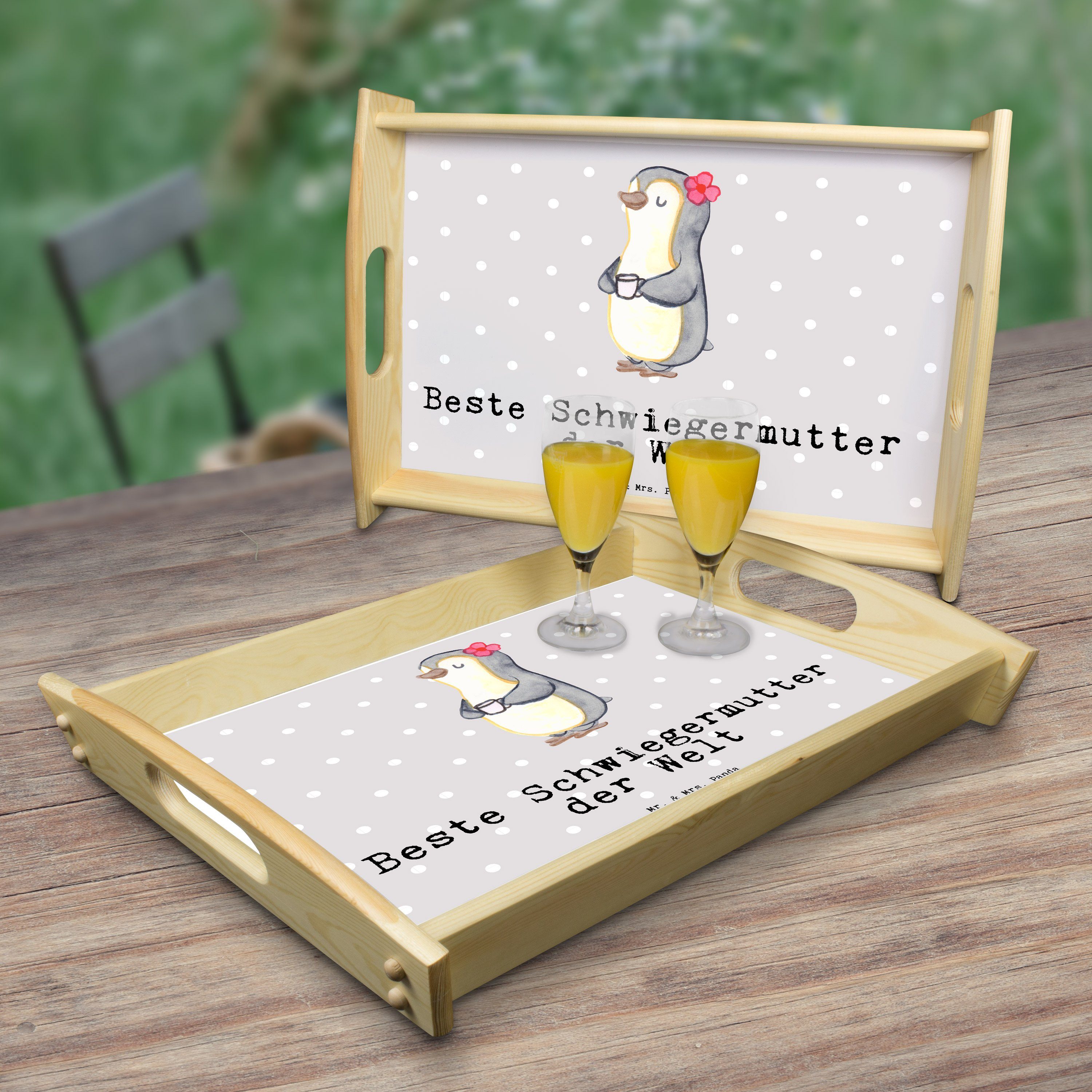 der Echtholz lasiert, Mr. Schwiegermutter Grau Tablett Panda Welt - Pinguin & Geschenk, - ang, Pastell Mrs. (1-tlg) Beste