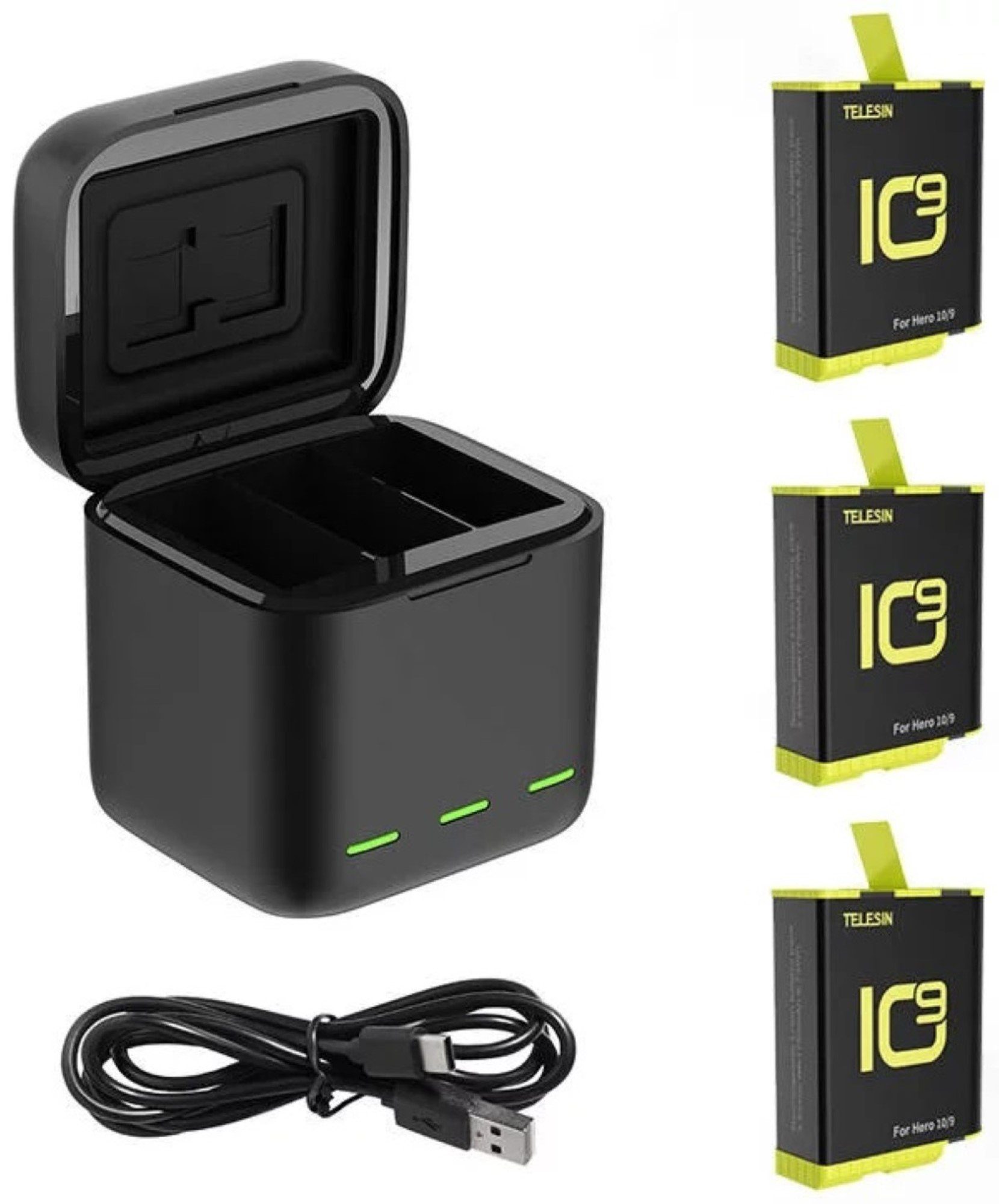 Telesin Batteriebox Batterielladebox für Hero 9 / Hero 10 mit drei Batterien Schwarz