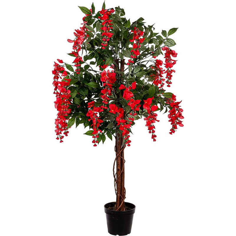 Kunstblume Künstlicher Wisteria Baum Blauregen Kunstpflanze Wisteria, PLANTASIA, Höhe 120,00 cm, 756 Blätter, Echtholzstamm, Rote Blüten