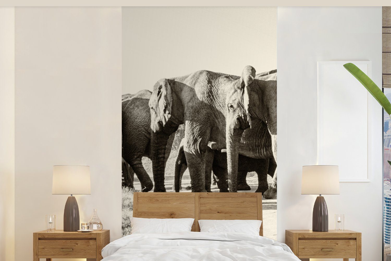 MuchoWow Fototapete Afrikanische Elefanten Sepia-Fotodruck, Matt, bedruckt, (2 St), Vliestapete für Wohnzimmer Schlafzimmer Küche, Fototapete
