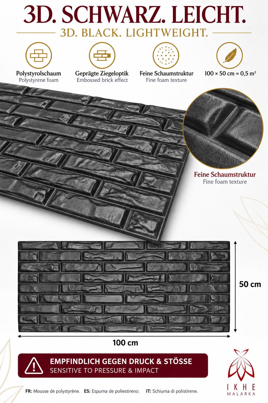 IKHEMalarka 3D Wandpaneel Betonoptik Marmor Ziegel aus Polystyrol Styropor XPS, BxL: 50,00x100,00 cm, 0,50 qm, (1 Stück, 0,5m) Deckenpaneelen - 3mm dick - 100x5 – Bild 3 von 5