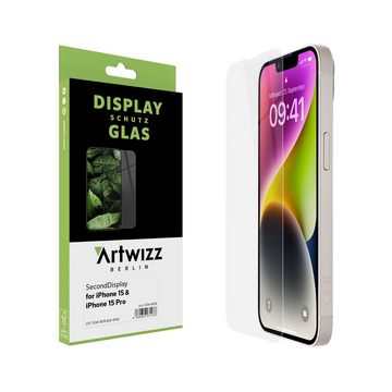 Artwizz SecondDisplay, Displayschutz aus Sicherheitsglas mit 9H Schutzgrad für iPhone 15, iPhone 15 Pro, Displayschutzglas, Hartglas