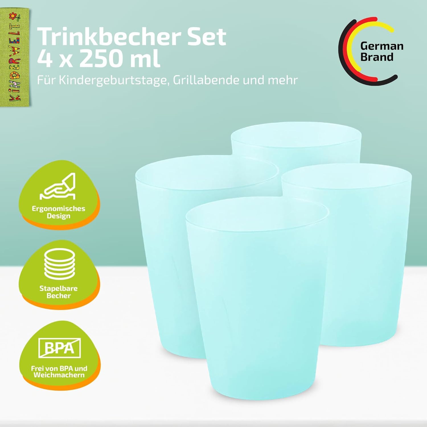 KiNDERWELT Kindergeschirr-Set KiNDERWELT Trinkbecher Set 4 x 250 ml aquamarin aus Kunststoff, Kunststoff – Bild 2 von 5
