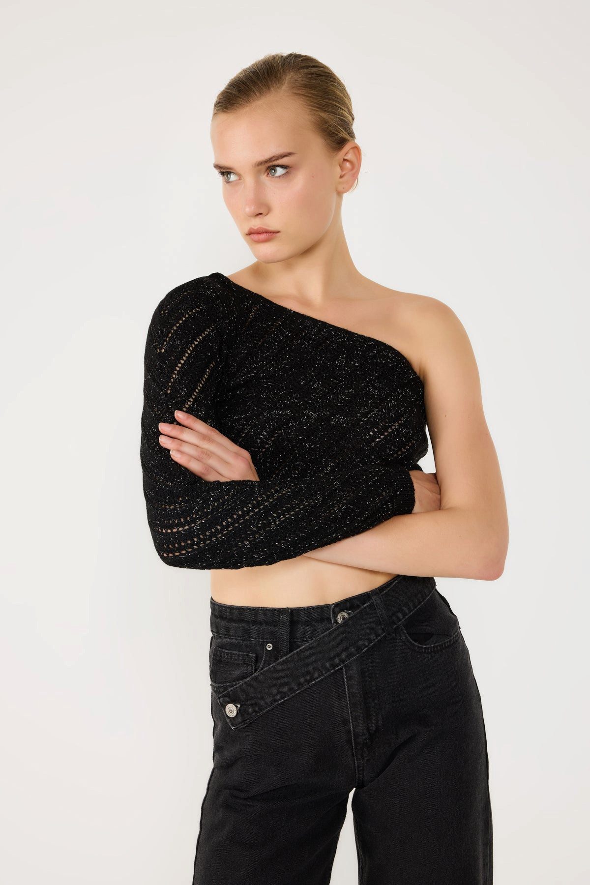 No Matter What Crop-Top Glänzendes Einärmeliges Asymmetrisches Crop Top