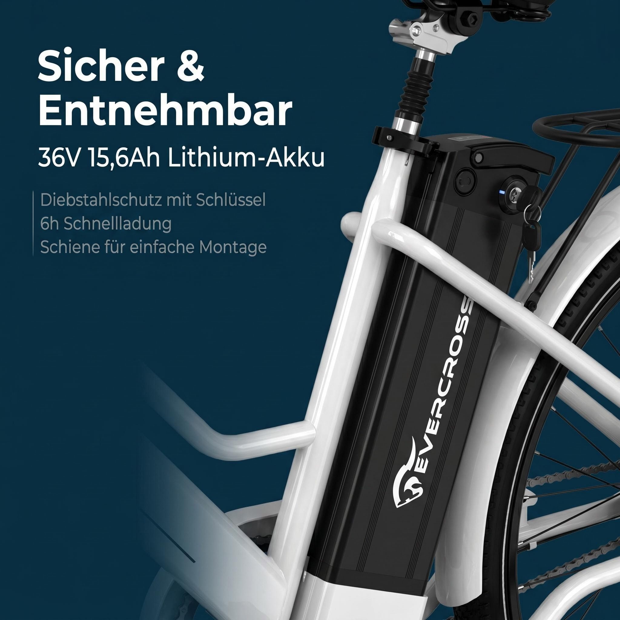 EVERCROSS TECH E-Bike Cityrad für Pendler,26-Zoll-Elektrofahrrad,36V 15,6AH Lithiumbatterie, Heckmotor, 561,6 Wh, 90Km, 1 Gang,E-Citybike mit Schloss, Pumpe – Bild 5 von 5