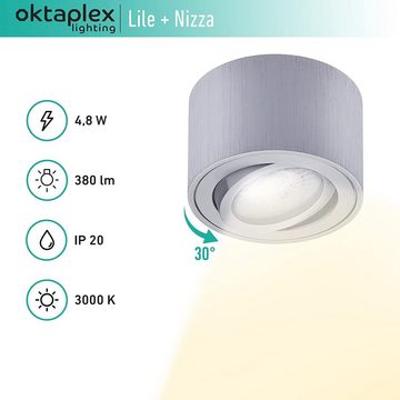 Oktaplex lighting LED Deckenstrahler 3 Stück Set Aufbauspots inkl. LED Module 4,8W 380 Lumen, schwenkbar, Leuchtmittel wechselbar, warmweiß, 3000 Kelvin 230V Höhe 50mm Alu gebürstet