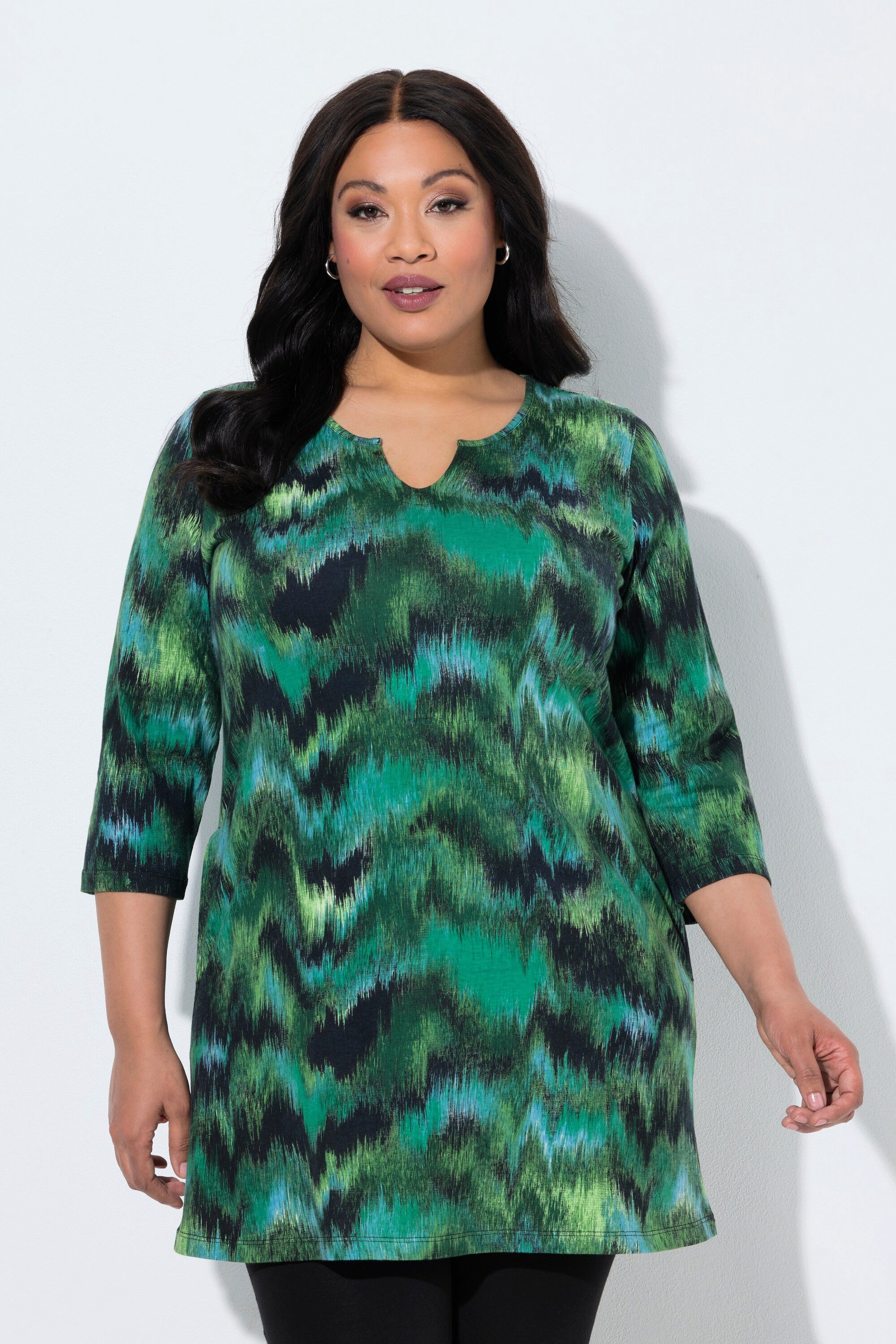 Ulla Popken Longshirt Longshirt Batikmuster Tunika-Ausschnitt 3/4-Arm
