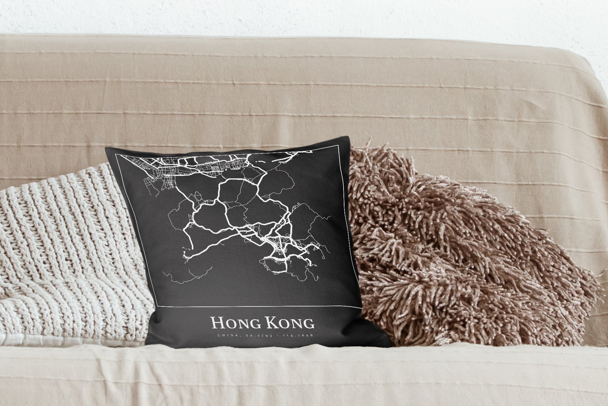 Karte Schlafzimmer, Karte - Dekokissen Deko, - der Füllung - Sofakissen MuchoWow mit Stadtplan Wohzimmer, für Stadt, Zierkissen Hongkong