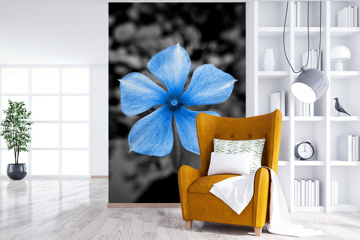 - Schwarz Wandtapete Vinyl (3 für Fototapete Weiß, Montagefertig MuchoWow Blau Tapete Blumen - bedruckt, - Wohnzimmer, Matt, St),