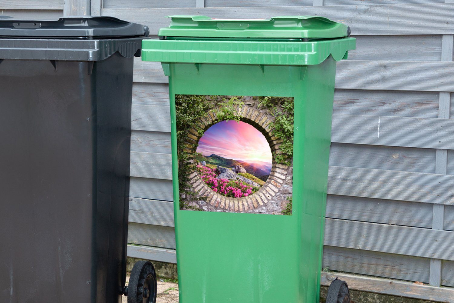 Mülltonne, Blumen - Landschaft Container, Sticker, (1 - St), Berg Abfalbehälter - Mülleimer-aufkleber, Aussicht Wandsticker MuchoWow