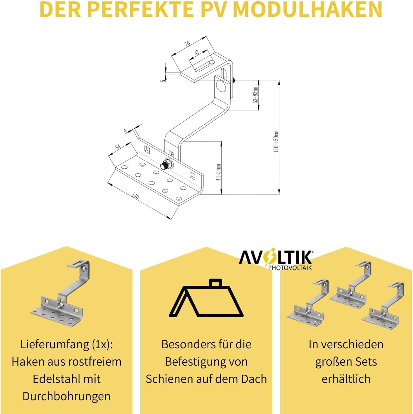 avoltik Wechselrichter Dachhaken Photovoltaik Edelstahl 3fach verstellbar Solar Befestigung, (Mittelklemmen und Endklemmen zur Auswahl, 1 St., Mittelklemmen und Endklemmen zur Auswahl), Mittelklemmen und Endklemmen zur Auswahl