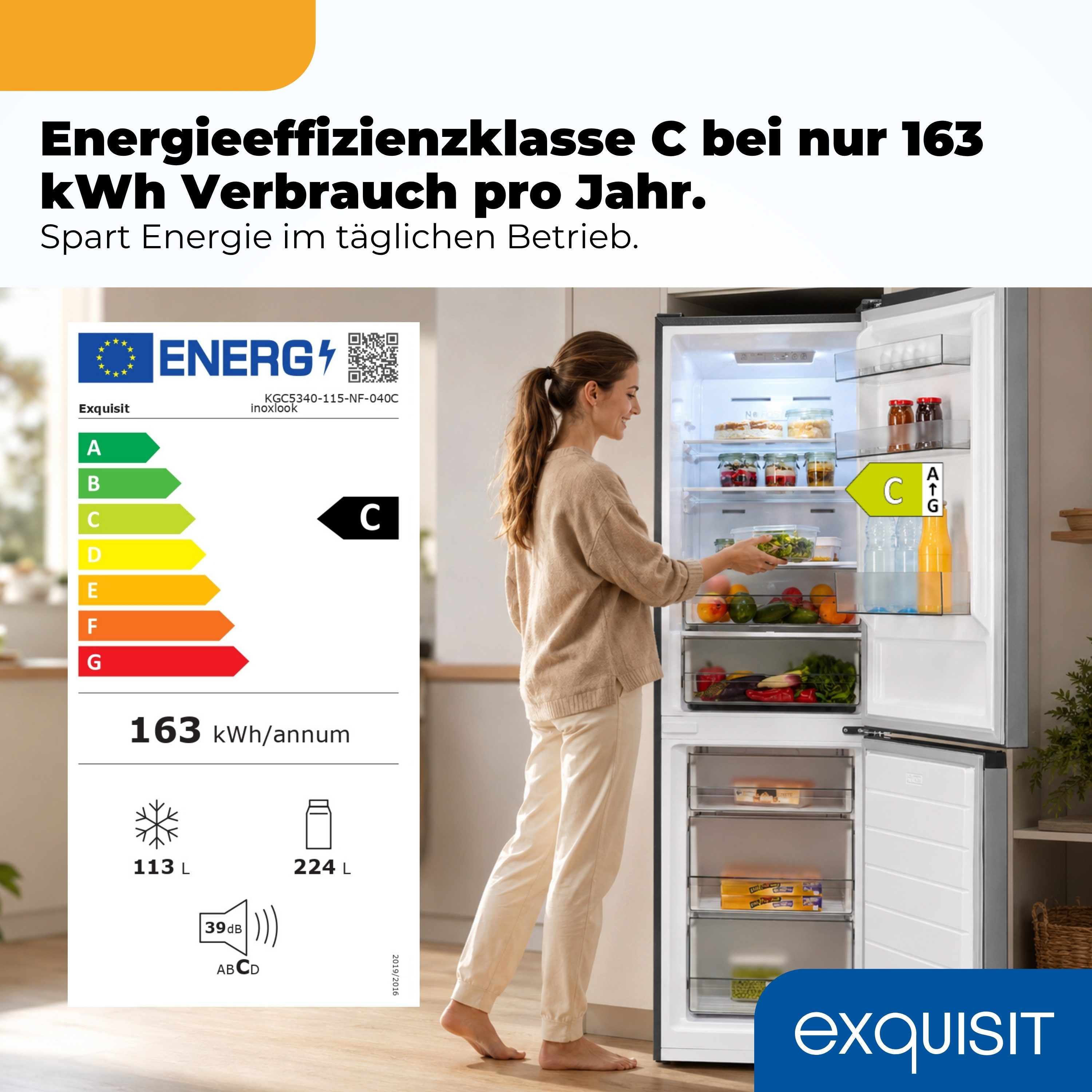 exquisit Kühl-/Gefrierkombination KGC5340-115-NF-040C, 186 cm hoch, 59,5 cm breit, 337 l Nutzinhalt gesamt, 4 Sternefach, Energieklasse C, 39 dB