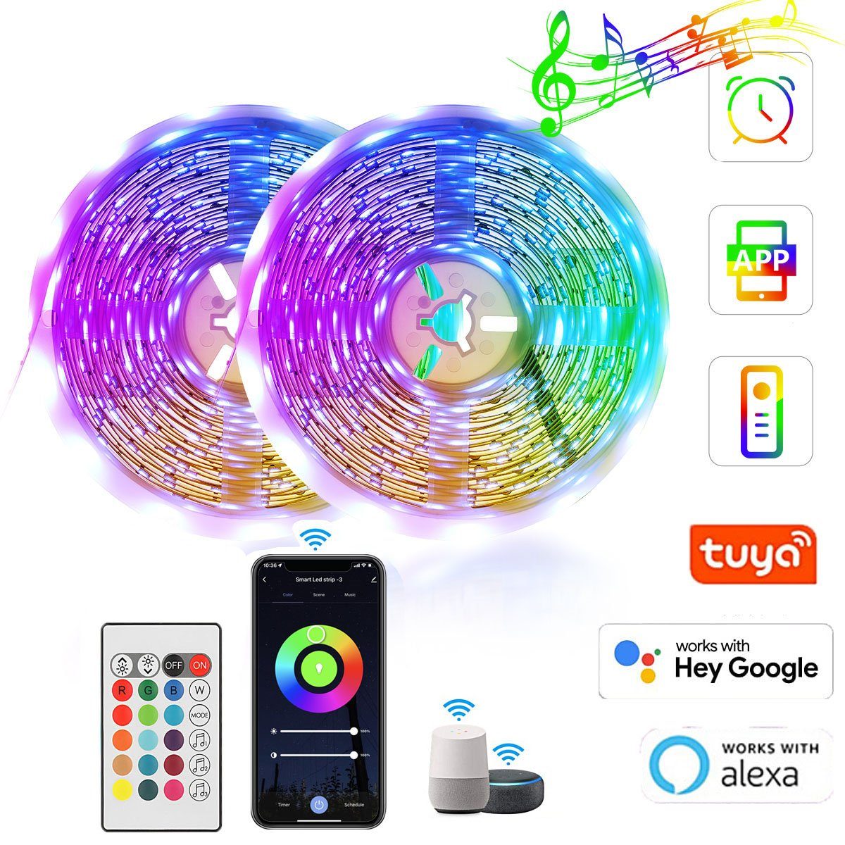 oyajia LED Stripe 5m/10m WIFI RGB LED Streifen, Musik Sync Farbwechsel LED  Band Lichter, App-steuerung, Dimmbar, LED Band für Alexa und Google  Assistant
