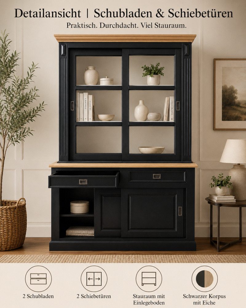 Wohnpalast Vitrine Vitrinen Schrank Vincenza 150 cm Landhaus - Schwarz / Eiche