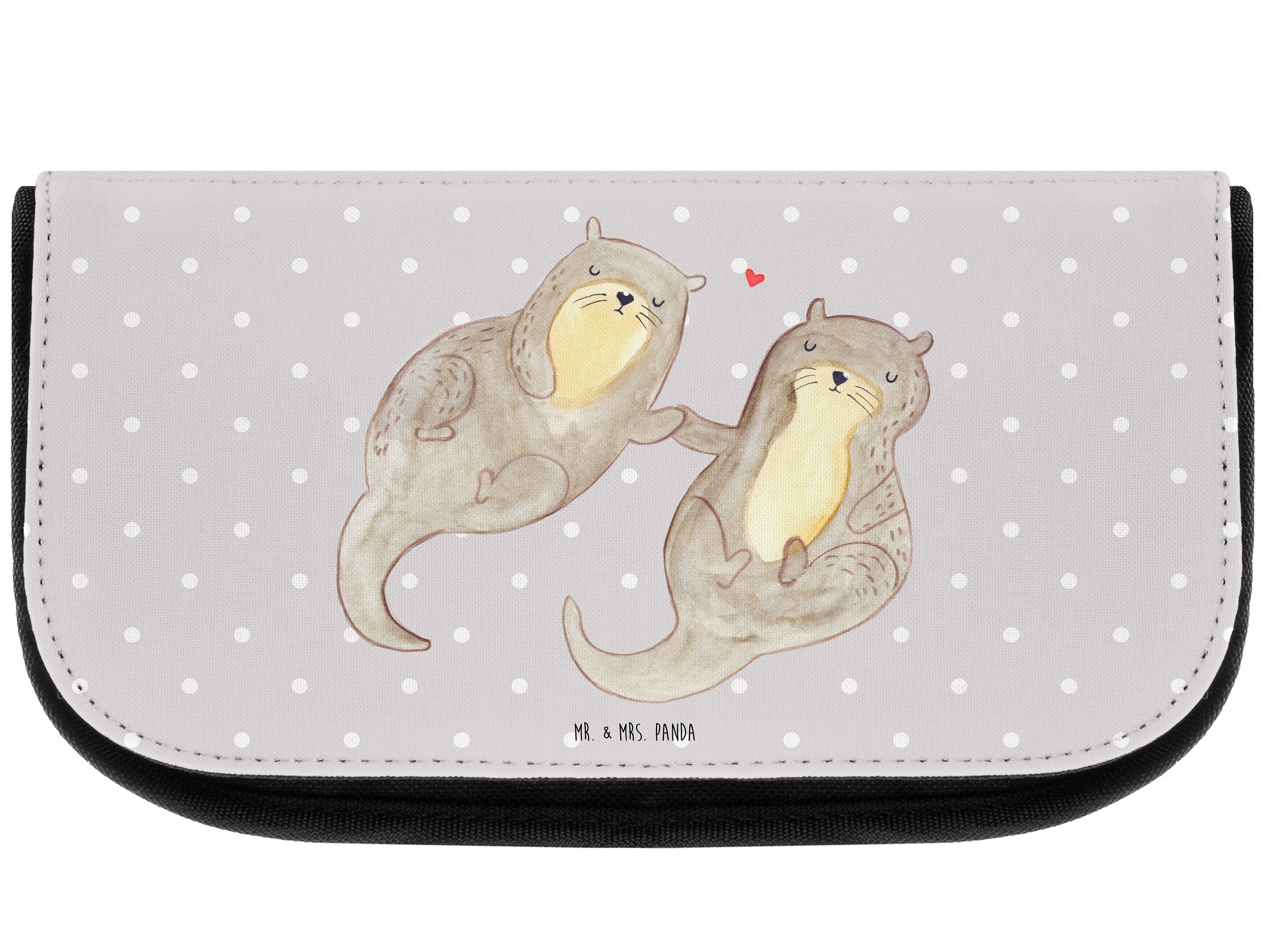 Mr. & Mrs. Panda Kosmetiktasche Otter händchenhaltend - Grau Pastell - Geschenk, Seeotter, Schminktas (1-tlg)