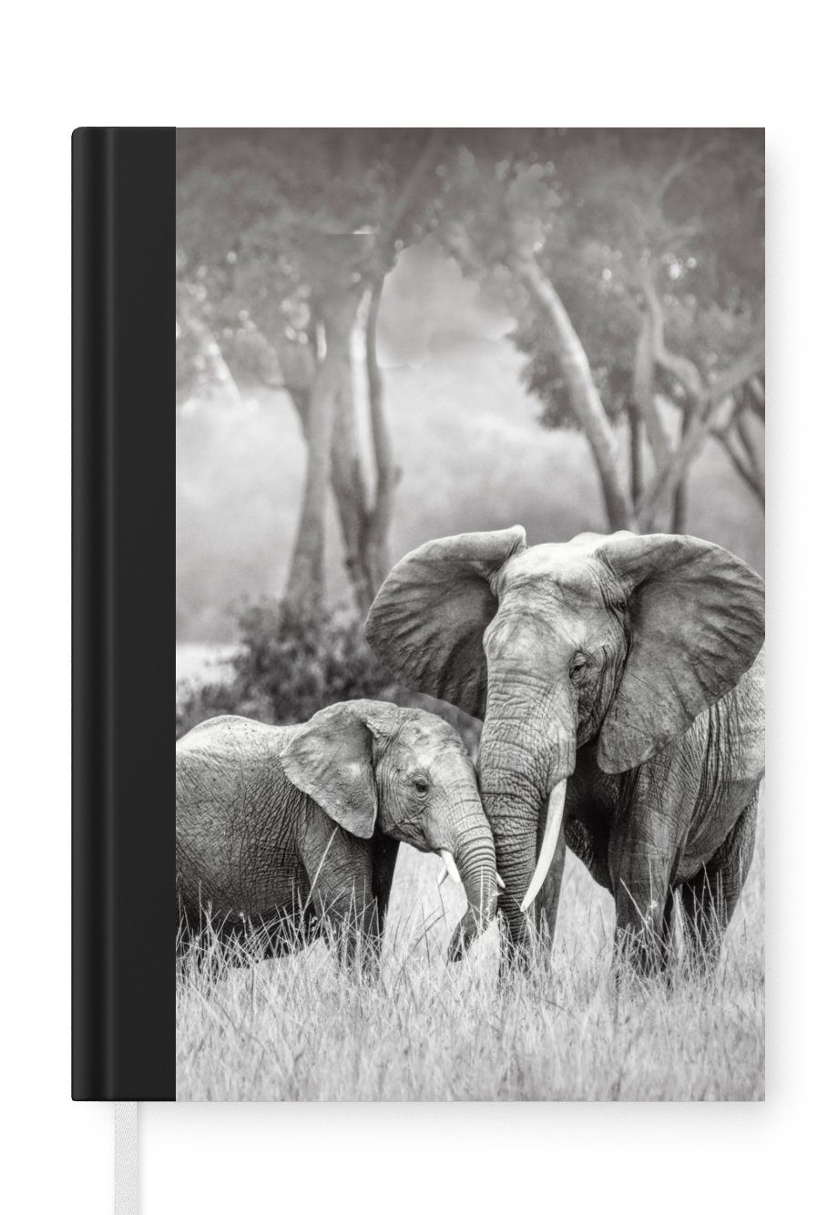 MuchoWow Notizbuch Elefant - Tiere - Natur - Schwarz und weiß, Journal, Merkzettel, Tagebuch, Notizheft, A5, 98 Seiten, Haushaltsbuch