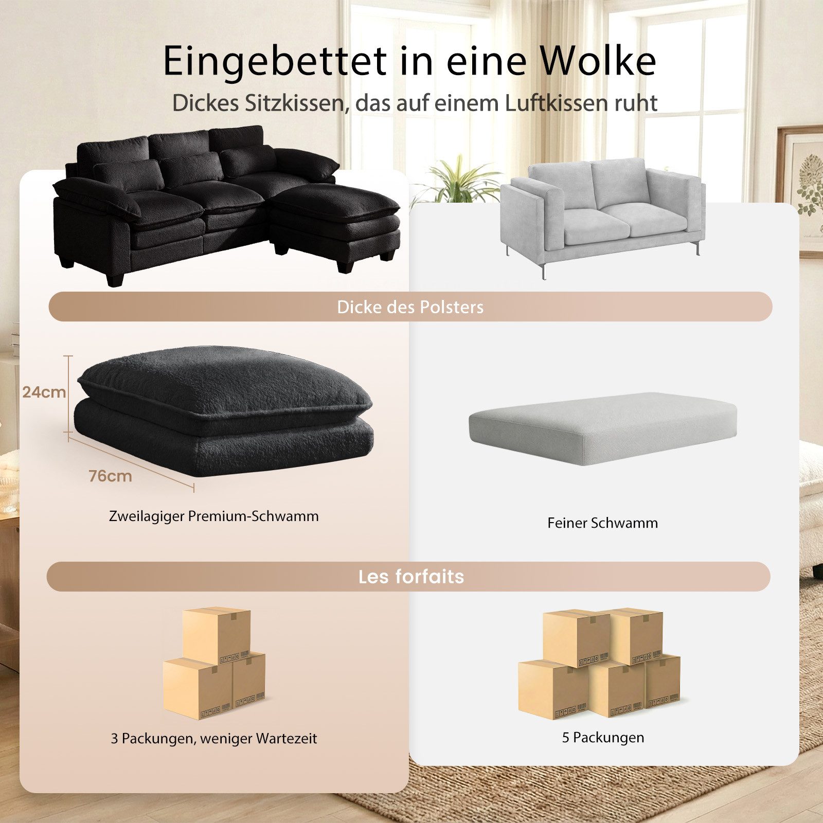 Patbrela Ecksofa modulares Sofa,15 cm dickes Sitzkissen,Breite 226/283cm, Schlafsofa,Angenehmer Teddy-Stoff,Einfache Montage
