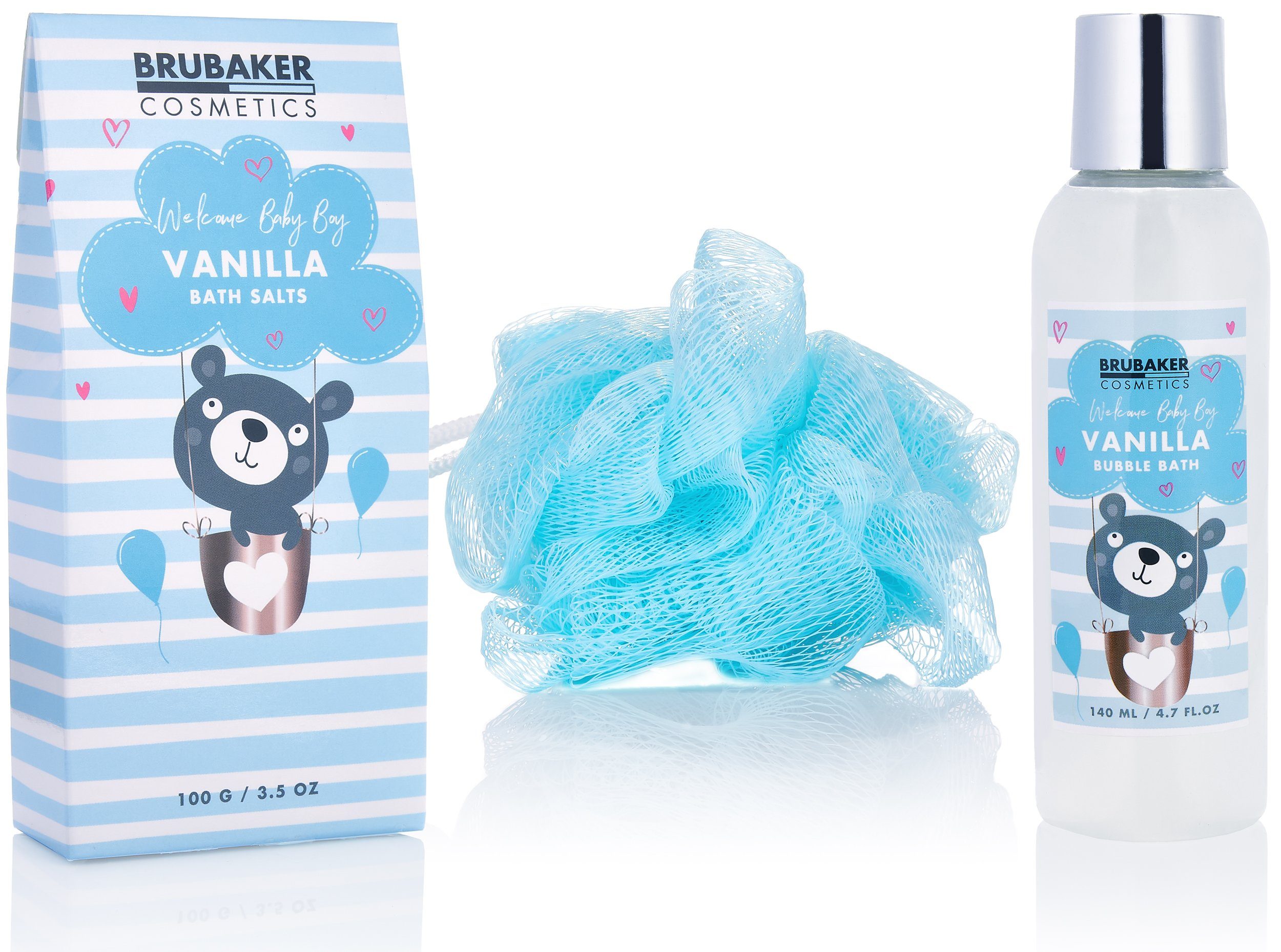 BRUBAKER Hautreinigungs-Set Baby Babypflege und Wanne Pflegeset Baby Babyparty, Set Hellblau mit Jungen Geschenk für Plüschbär, und Geschenkset zur Geburt, Taufe, Neugeborene Mädchen Babypflegeset, 7-tlg