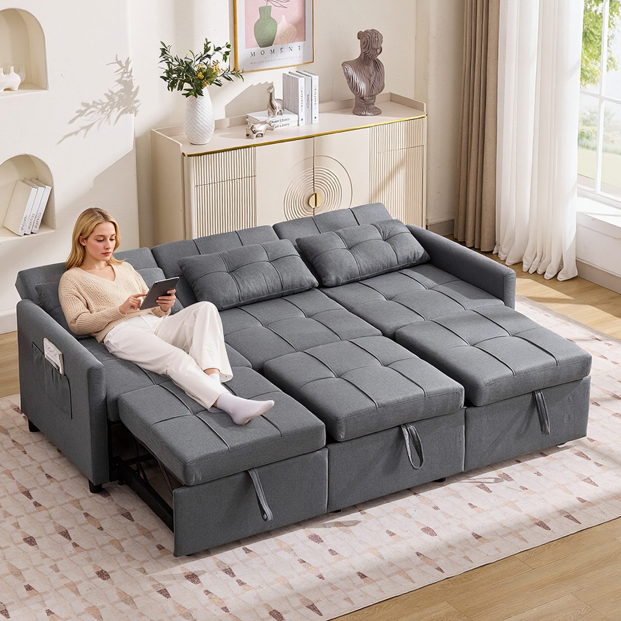 Merax Schlafsofa 3-Sitzer-Sofa mit 180° verstellbarer Rückenlehne & ausziehbaren Sitzen, 200 x 87 x 84,5 cm 1 Teile, Sofa mit 7 Konfigurationen, klappbarem Stauraum, Rollen, Seitentaschen