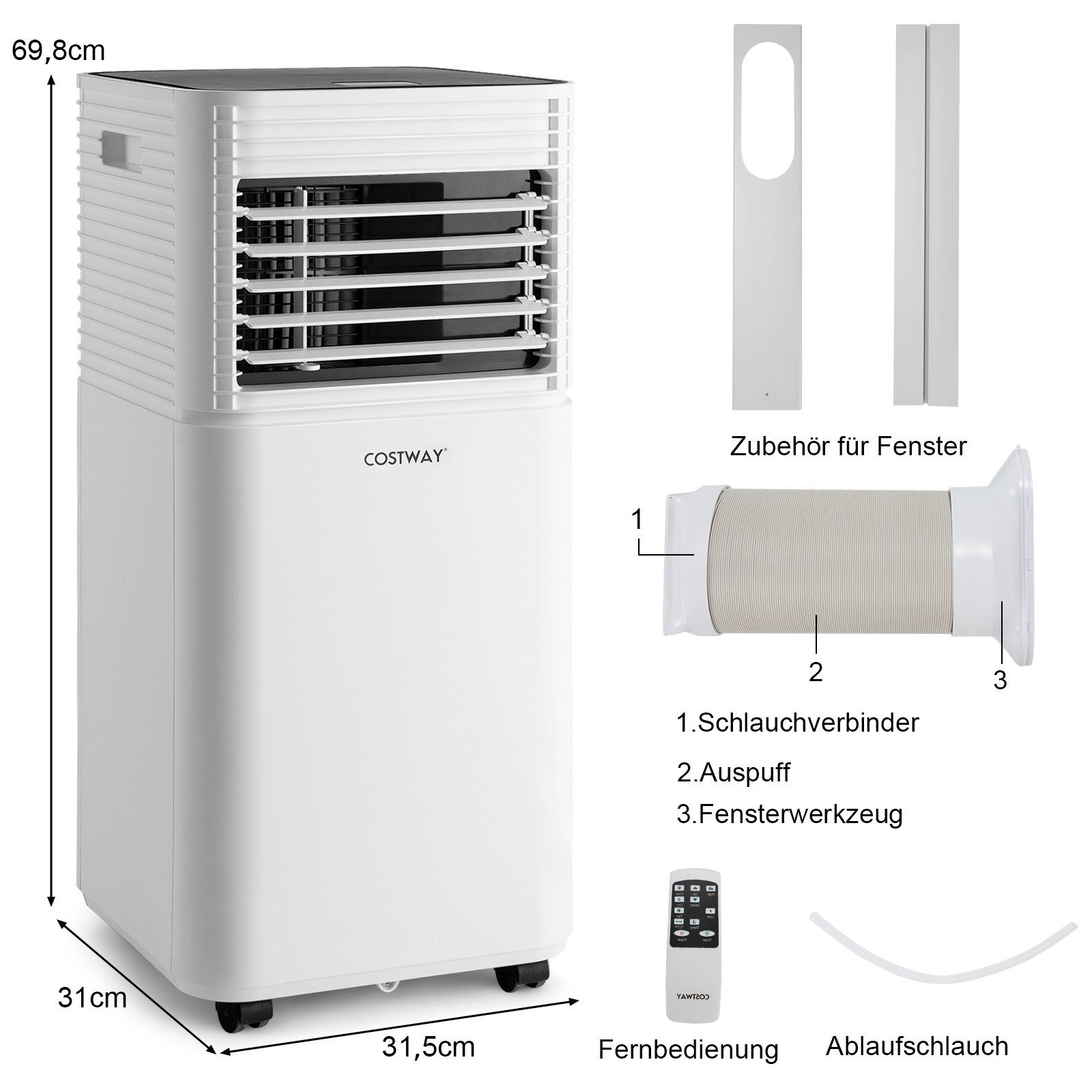 COSTWAY 3-in-1-Klimagerät, Fernbedienung, 39m³, 7000BTU/2,1kW, Schwarz+Weiß 16℃-32℃