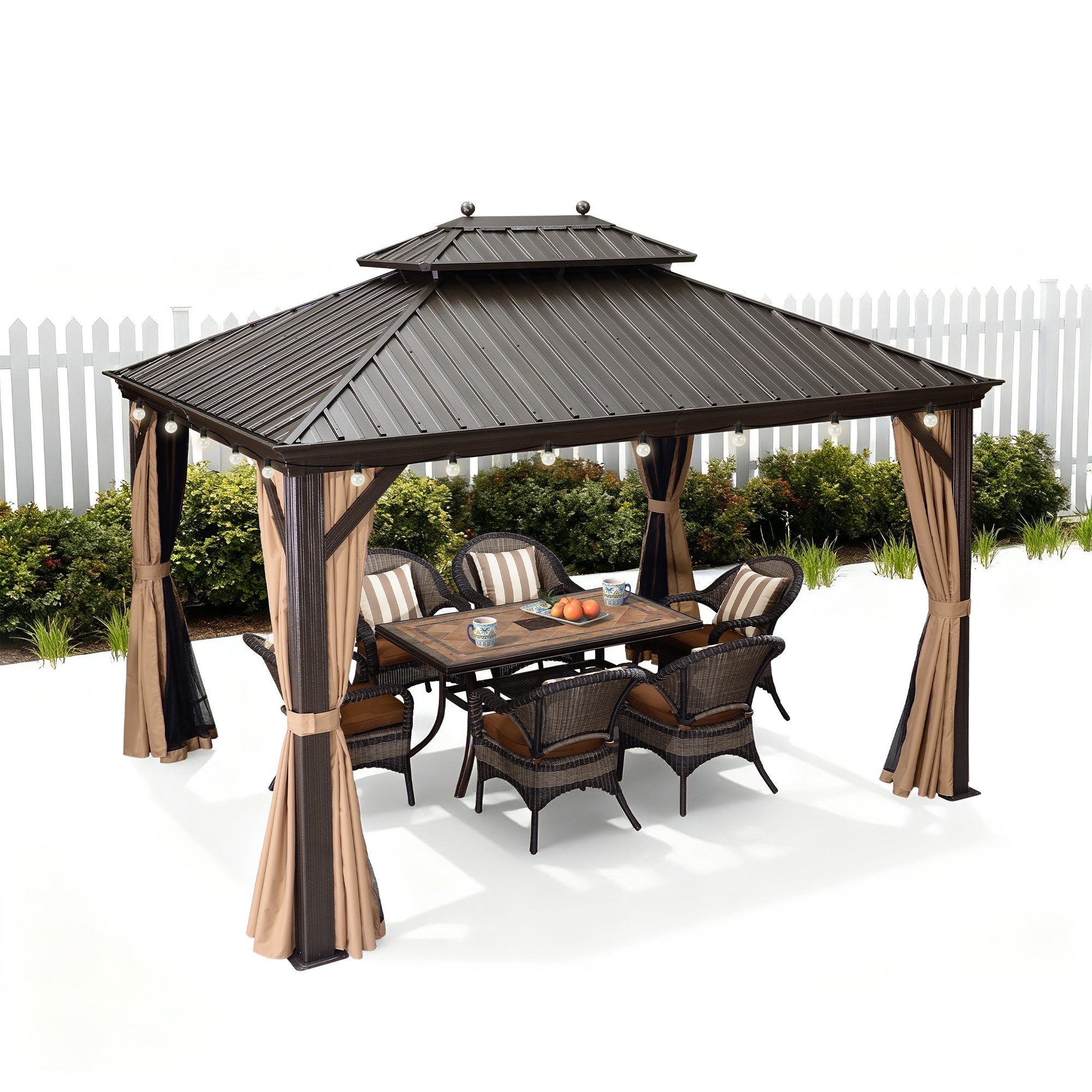PURPLE LEAF Pavillon Hardtop Alu Gartenpavillon mit Seitenteilen und LED-Beleuchtung, (1 Pavillon + LED-Licht, Vorhängen und Moskitonetz), Wasserdicht, UV-beständig, Privatsphärenschutz