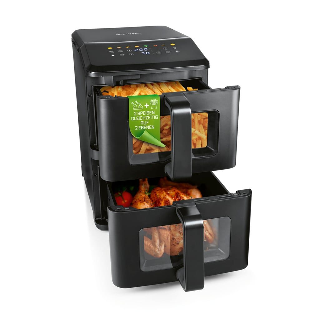 GOURMETmaxx Heißluftfritteuse Vertikale Doppelkammer-Heißluftfritteuse - 10 L - LED-Touchdisplay, 2400 W, GOURMETmaxx FryUp Vertikale Doppelkammer-Heißluftfritteuse