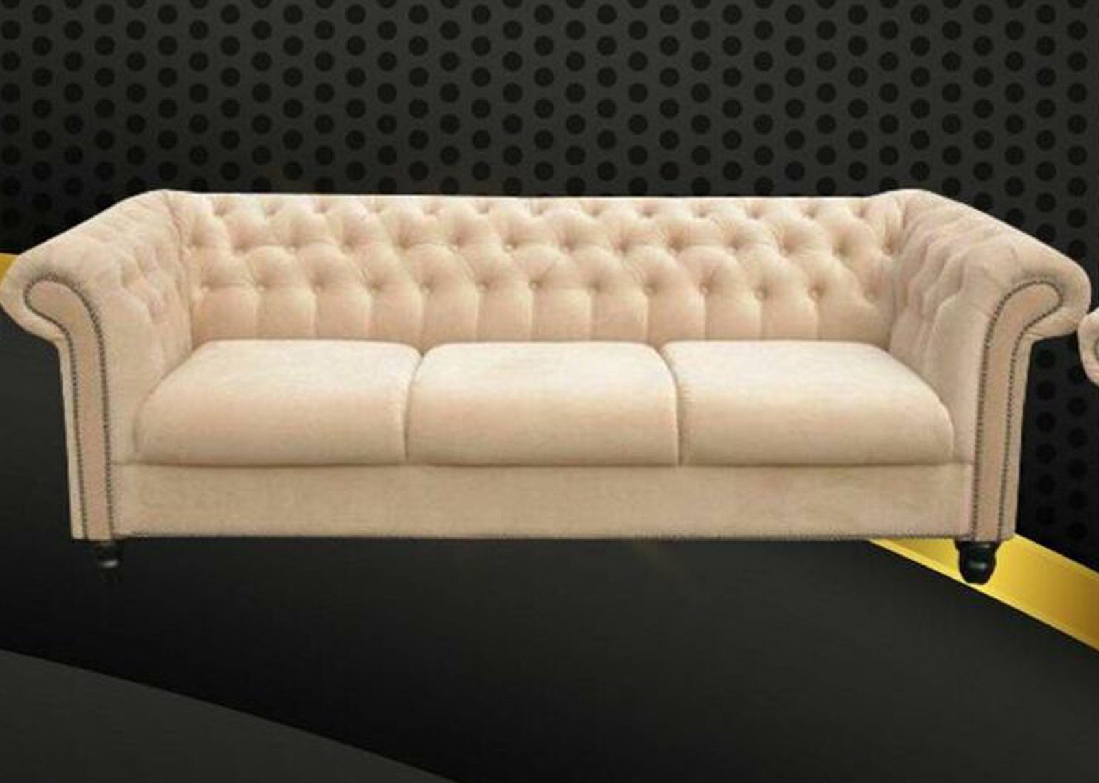 JVmoebel Chesterfield-Sofa, Dreisitzer Stoff Wohnzimmer Design Sofas Samt Beige