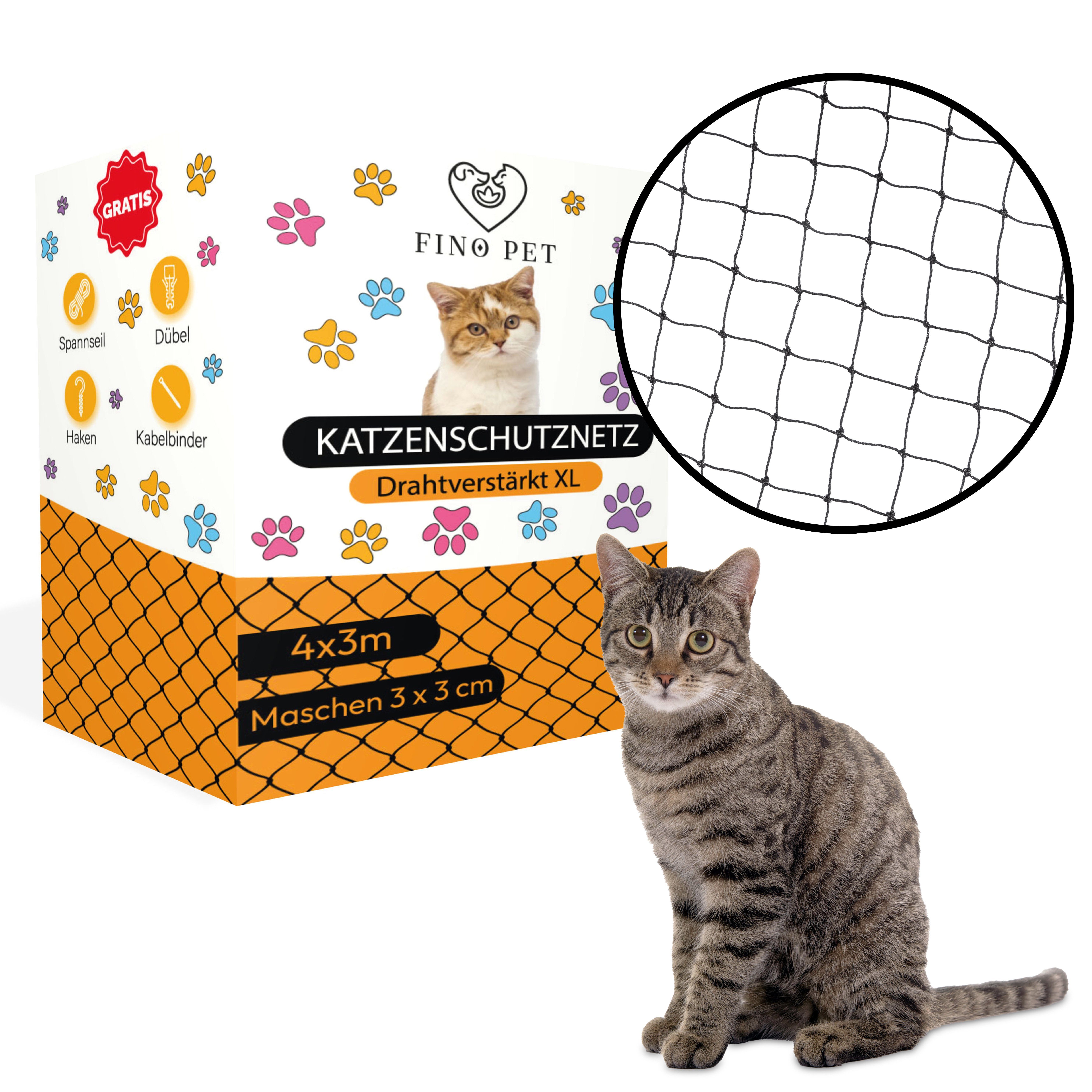FinoPet Schutznetz FinoPet Katzennetz für Balkon drahtverstärkt ink. Befestigungsmaterial, BxL: 4x3 m, drahtverstärkt, inklusive Befestigungsmaterial, ohne bohren, schwarz