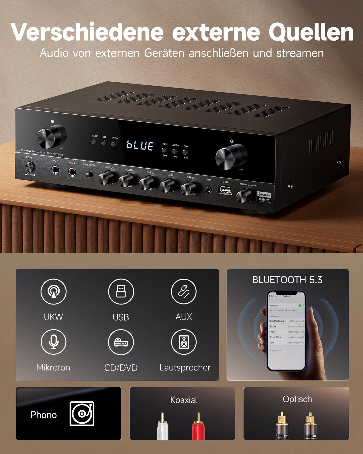 Donner Audioverstärker 2/4/6 Kanal Audio-Leistungsverstärker Stereoempfänger Verstärker (Anzahl Kanäle: 4, 440,00 W, 4 Kanäle, 2 Mikrofoneingänge, Bass, Höhen)