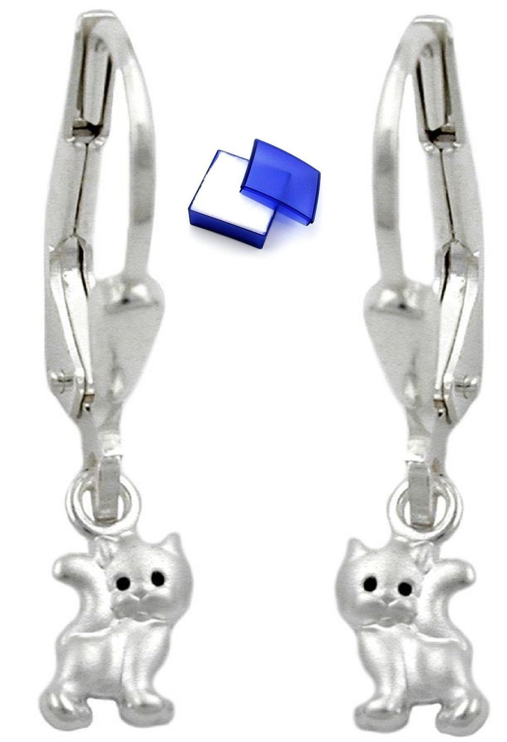 unbespielt Paar Ohrhaken Ohrringe Ohrhänger Brisur Katze matt-glänzend 925  Silber 21 x 5 mm inklusive Schmuckbox, Silberschmuck für Kinder