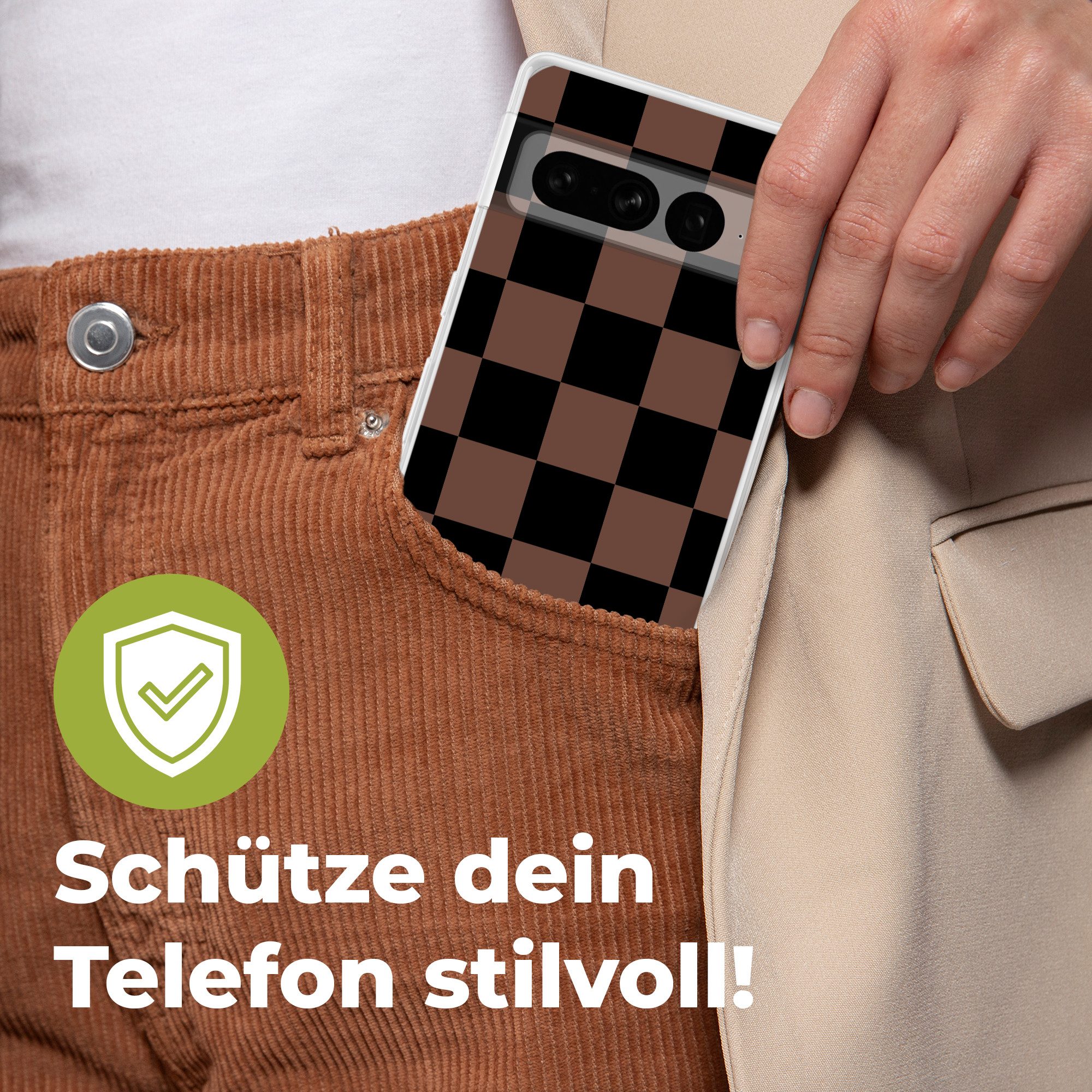 MuchoWow Handyhülle für Google Pixel 7 Pro Schachbrettmuster - Braun - Schwarz - Blöcke, Phone Case, Silikon, Schutzhülle Dünn