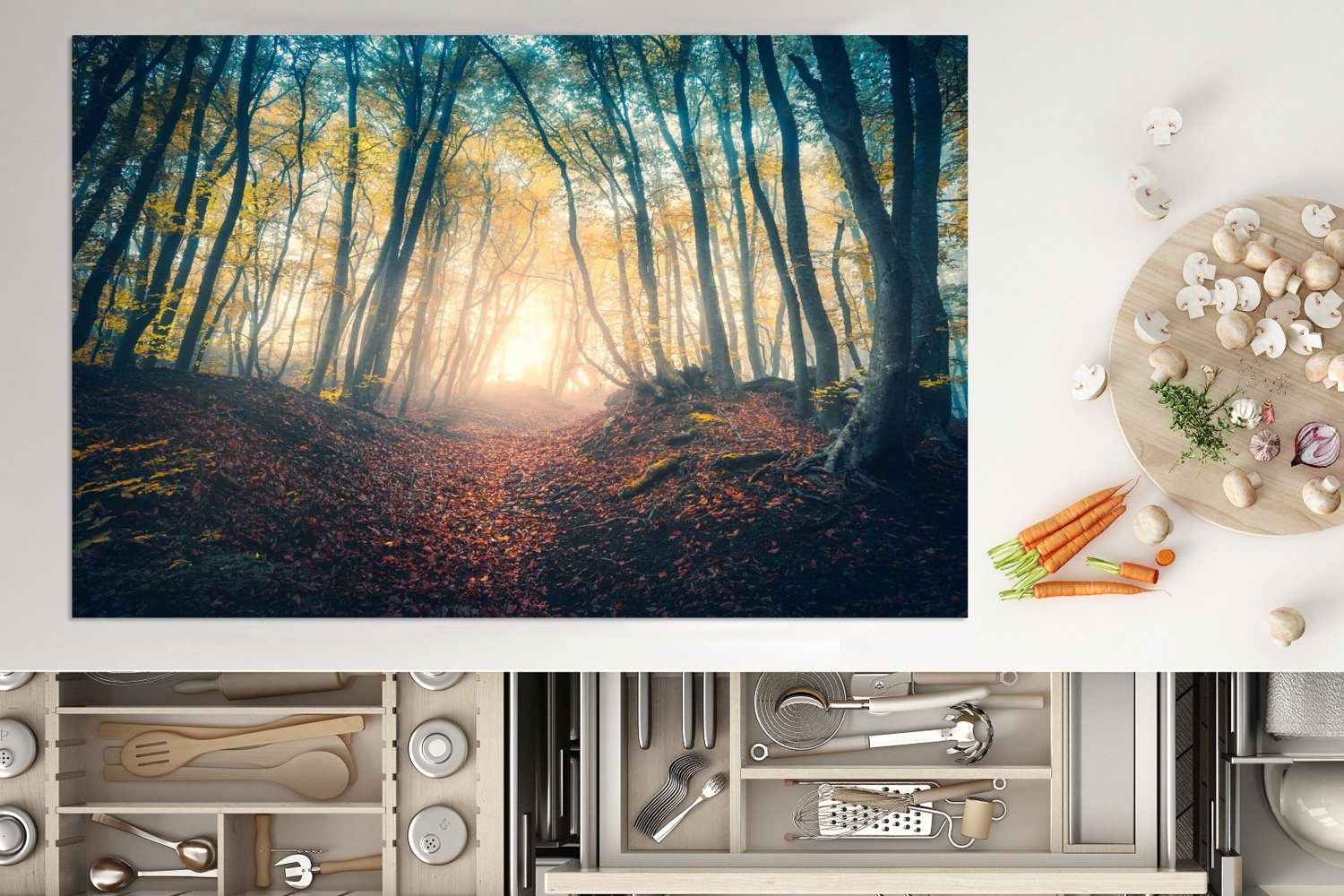 MuchoWow Herdblende-/Abdeckplatte Wald - Nebel küche, Schutz für tlg), cm, die - Herbst, (1 - Ceranfeldabdeckung 80x52 Induktionskochfeld Vinyl, Sonne