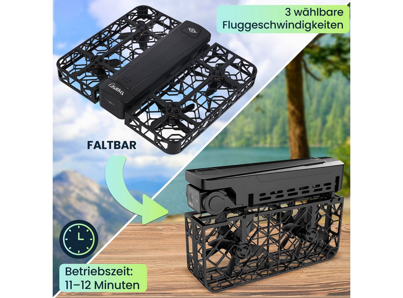 Casativo Duall-Full-HD Kamera Drohne faltbar mit 4,5" FPV Reichweite 120 m Drohne (4D Ultra-HD - 1280 x 720, 25 fps und 852 x 720, 25 fps, 3 Fluggeschwindigkeiten, Flugzeit max. 25 Minuten, 13.7 x 9 x 3.5 cm) schwarz