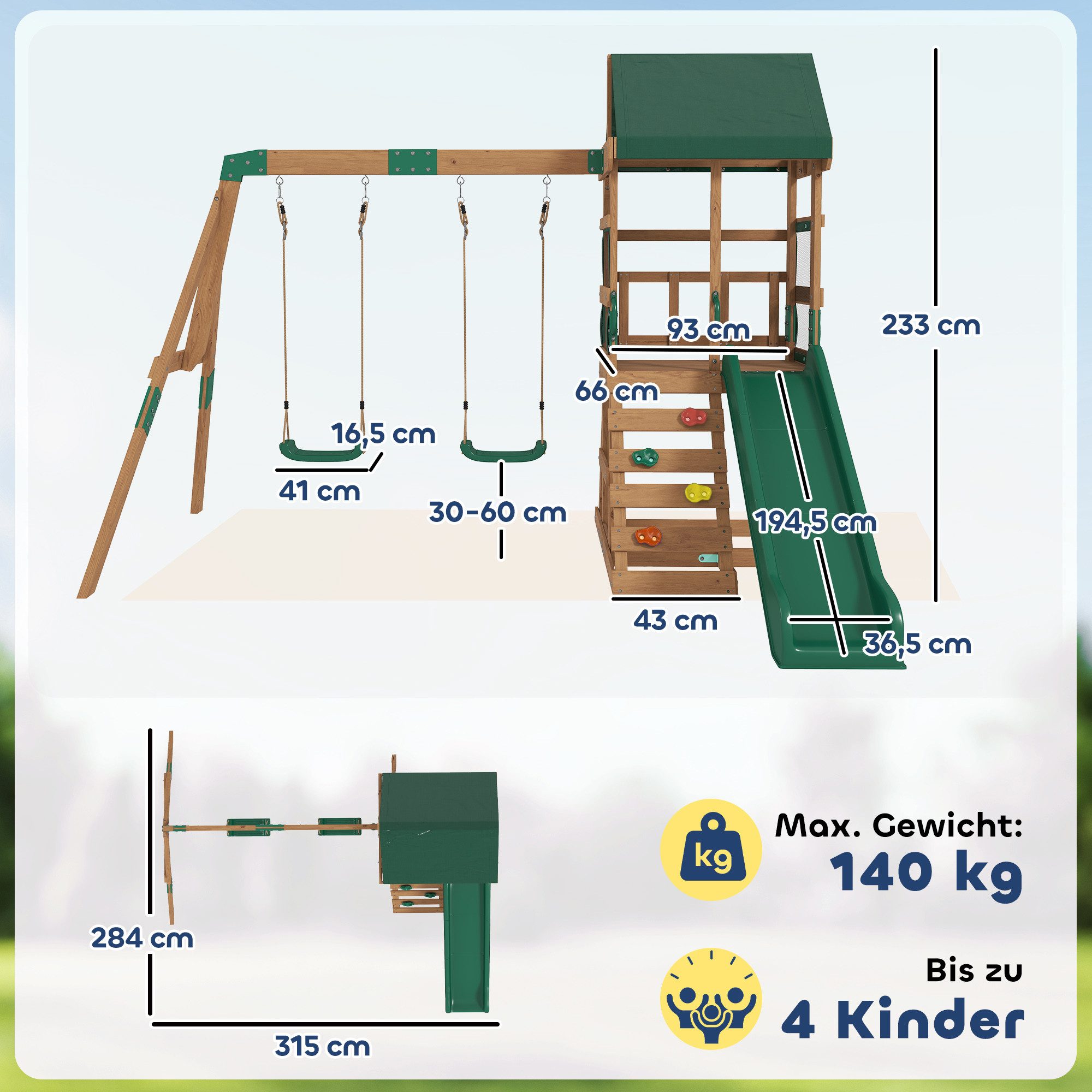 AIYAPLAY Schaukelgestell Rutsche, Schaukeln, Kletterwand, überdachtem Oberdeck Spielhaus, (Spielturm Klettergerüst, 1-tlg., Outdoor Kinder Kletterturm), aus Holz für 3-8 Jahre Kinder 315x284x233 cm