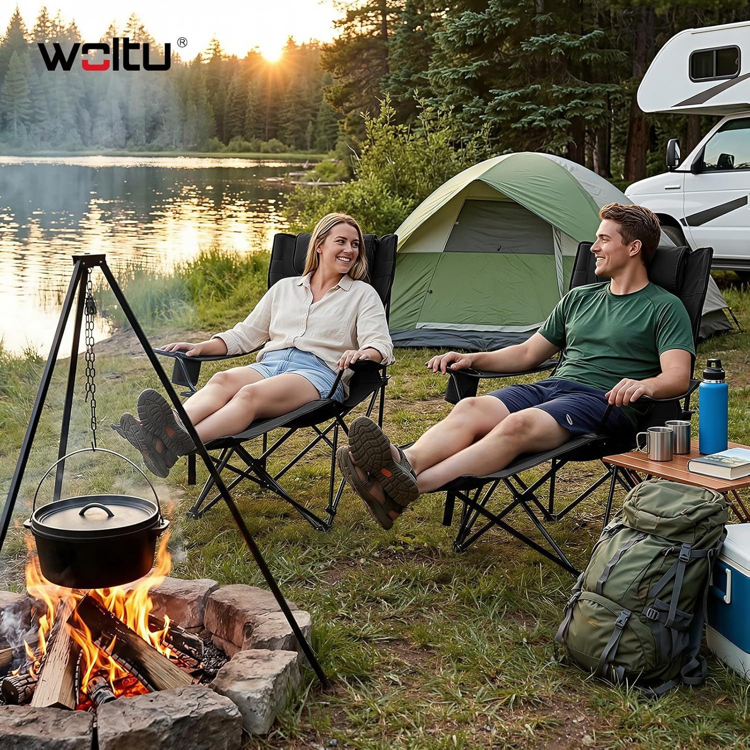 Woltu Campingstuhl (1 St), mit Fußablage, 3 Positionen Verstellbar bis 150 kg belastbar