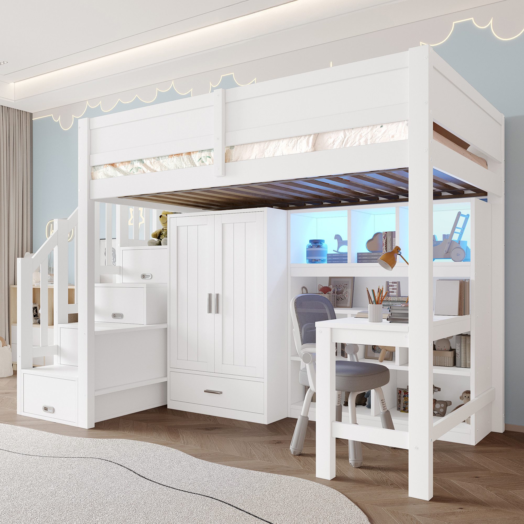 Flieks Hochbett Kinderbett 90x200cm Kleiderschrank Schreibtisch Regal Stauraumtreppe – Bild 3 von 5