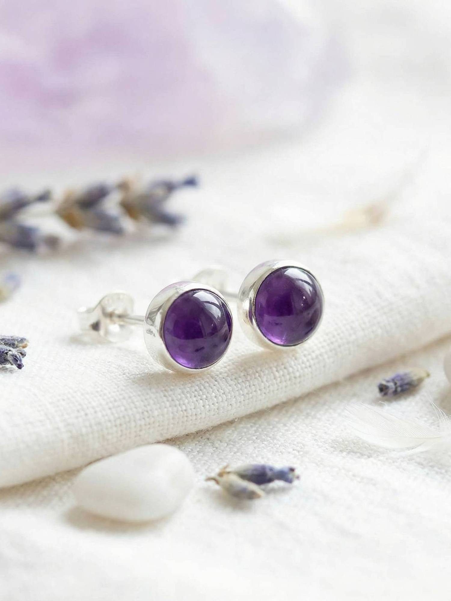 mantraroma Paar Ohrstecker SAMA rund klein aus 925 Silber mit Amethyst (Paar, Paar Ohrringe mit Schmuckbeutel), 925 Sterling Silber Ohrringe für Damen
