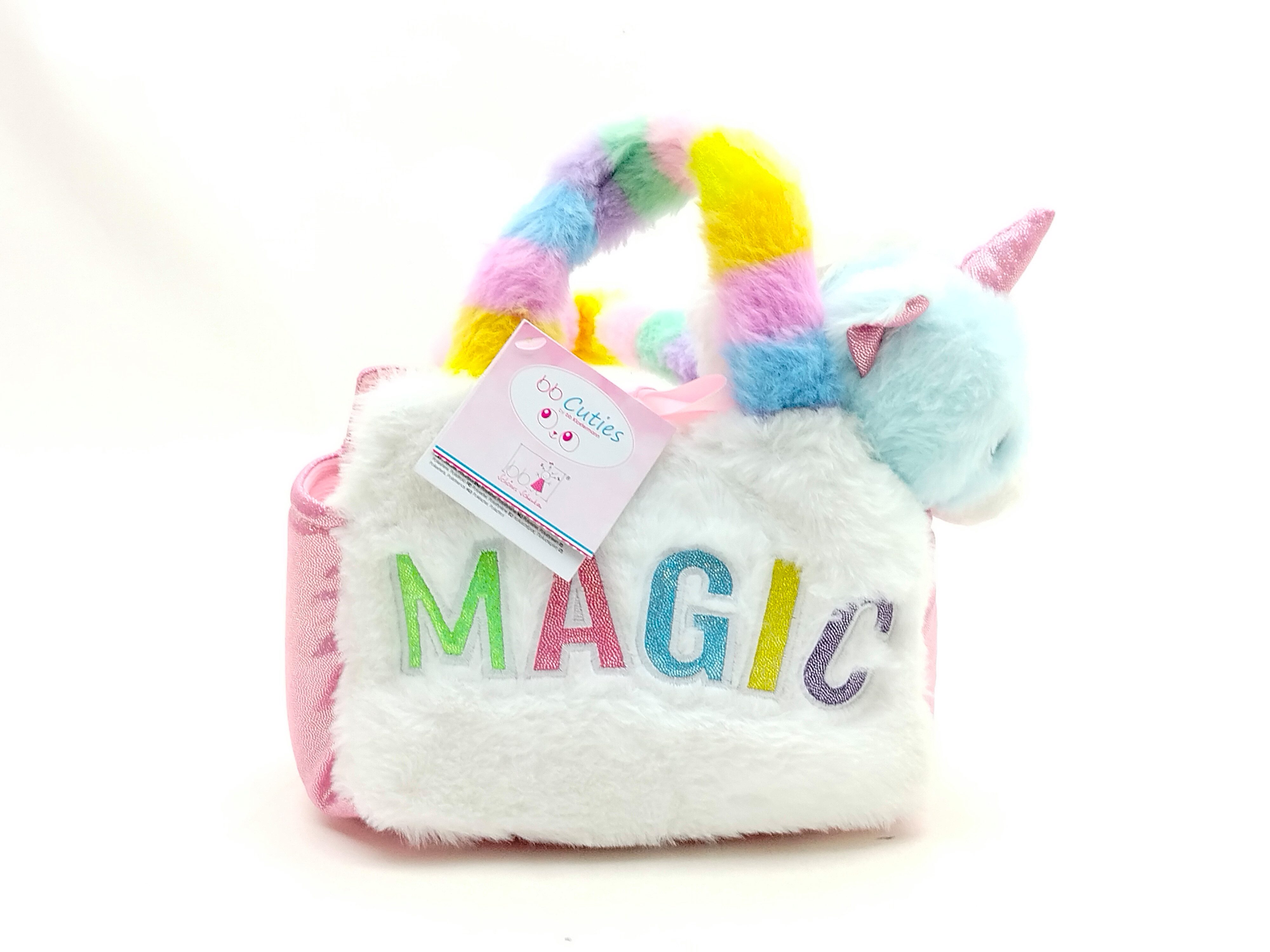 bb Klostermann Kindergartentasche Weiß/bunte Plüschtasche „Magic“ mit hellblauem Plüsch-Einhorn
