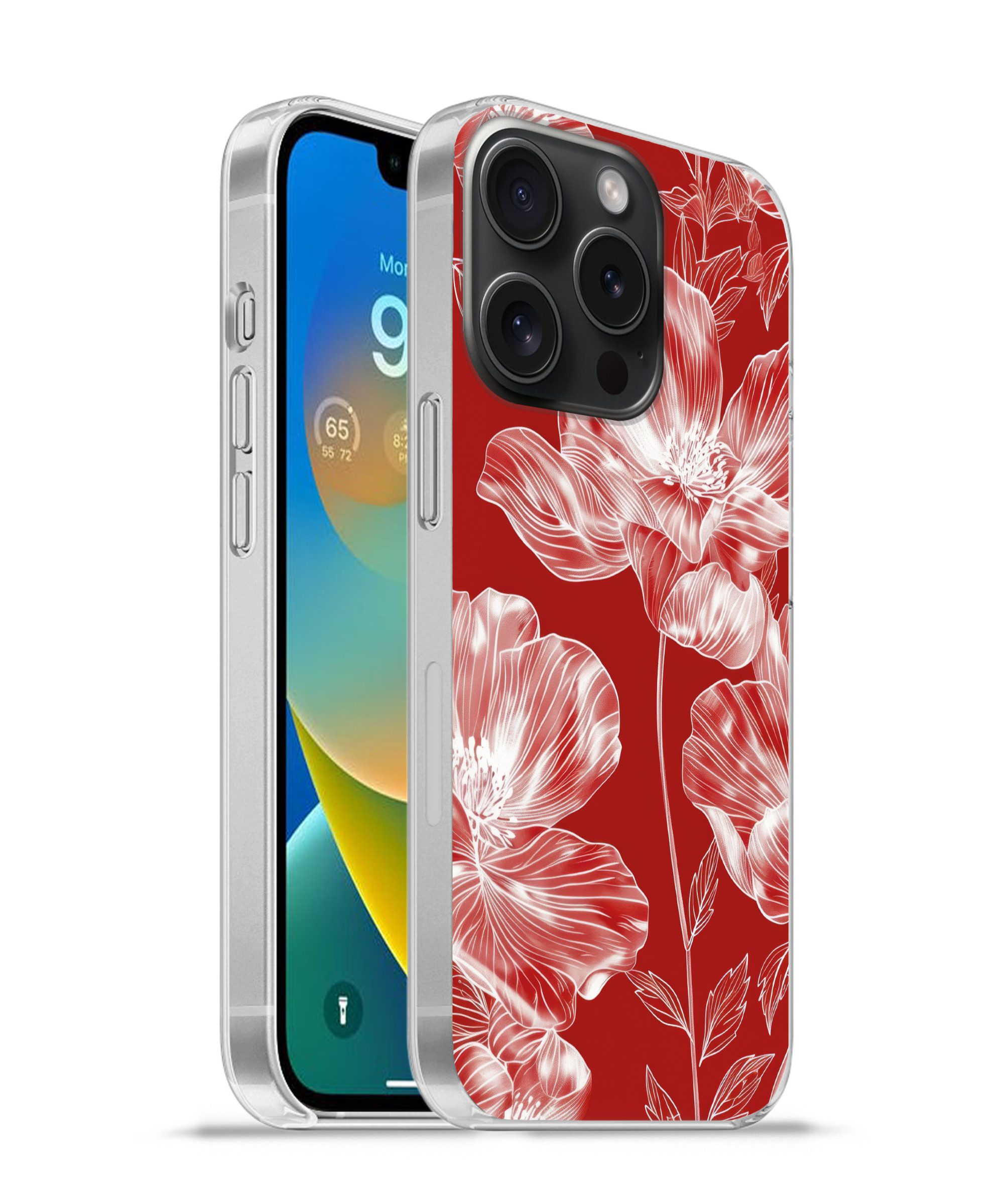 MuchoWow Handyhülle für Apple iPhone 15 Pro Blumen - Muster - Rot - Weiß, Smartphone-Bumper, Print, Handy Schutzhülle Dünn