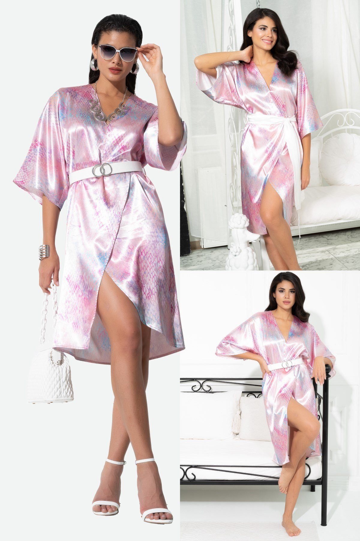 For You Moda Morgenmantel V-Ausschnitt Schlangenmuster Gürtel Rosa Nachthemd Kleid