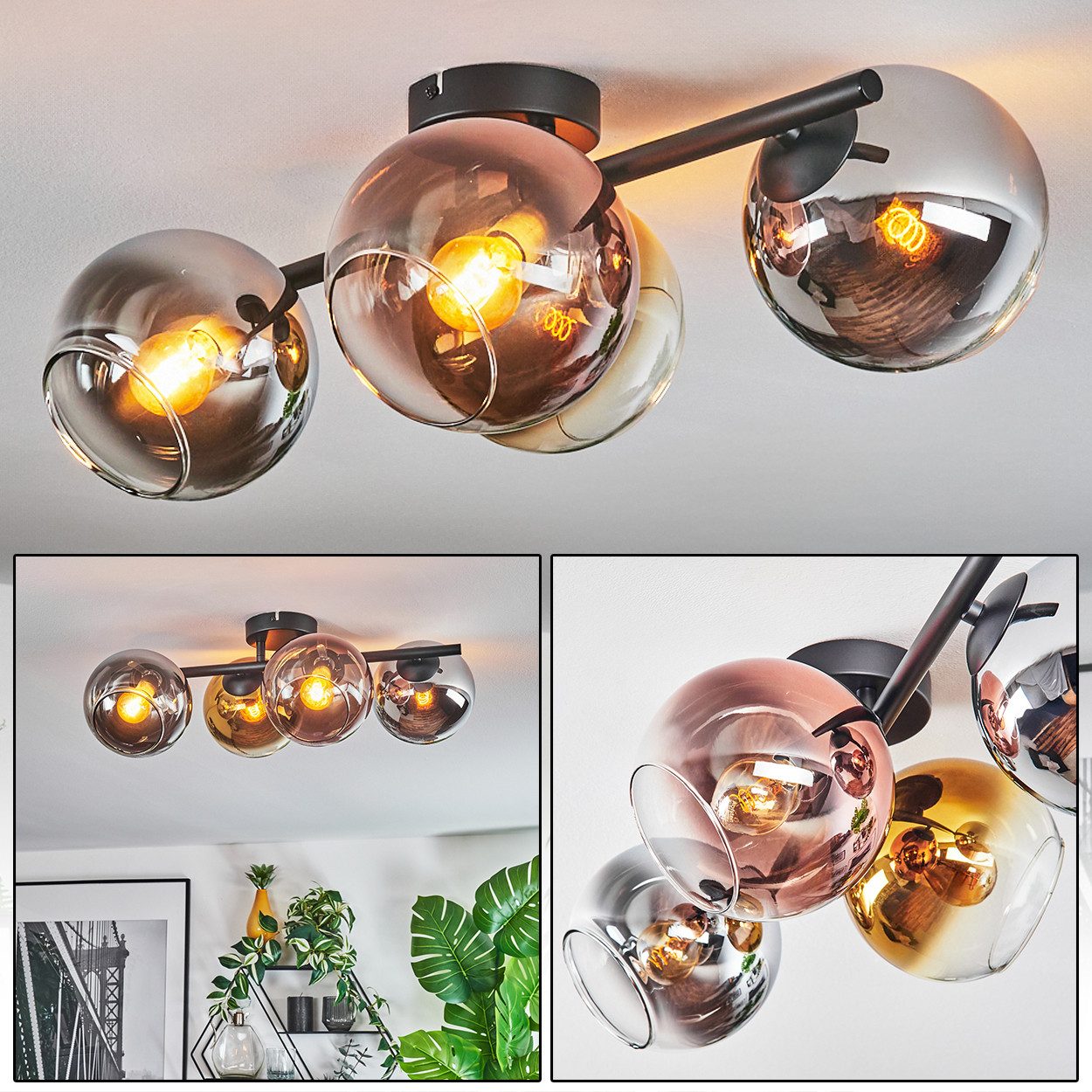 hofstein Deckenleuchte Deckenlampe aus Metall/Glas in Schwarz/Chrom/Rauch/Kupfer/Gold/Klar, Deckenleuchte im modernen Vintage-Design (Schirme Ø 15 cm), 4 x E14
