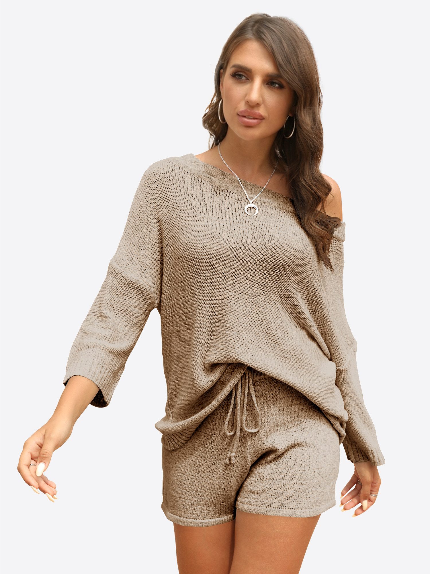 Imily Bela Hausanzug Damen Zweiteiliges Pyjama-Set (Set, 2 tlg., Schulterfreier Strickpullover + Kurze Hose) Einfarbig – Bild 5 von 5