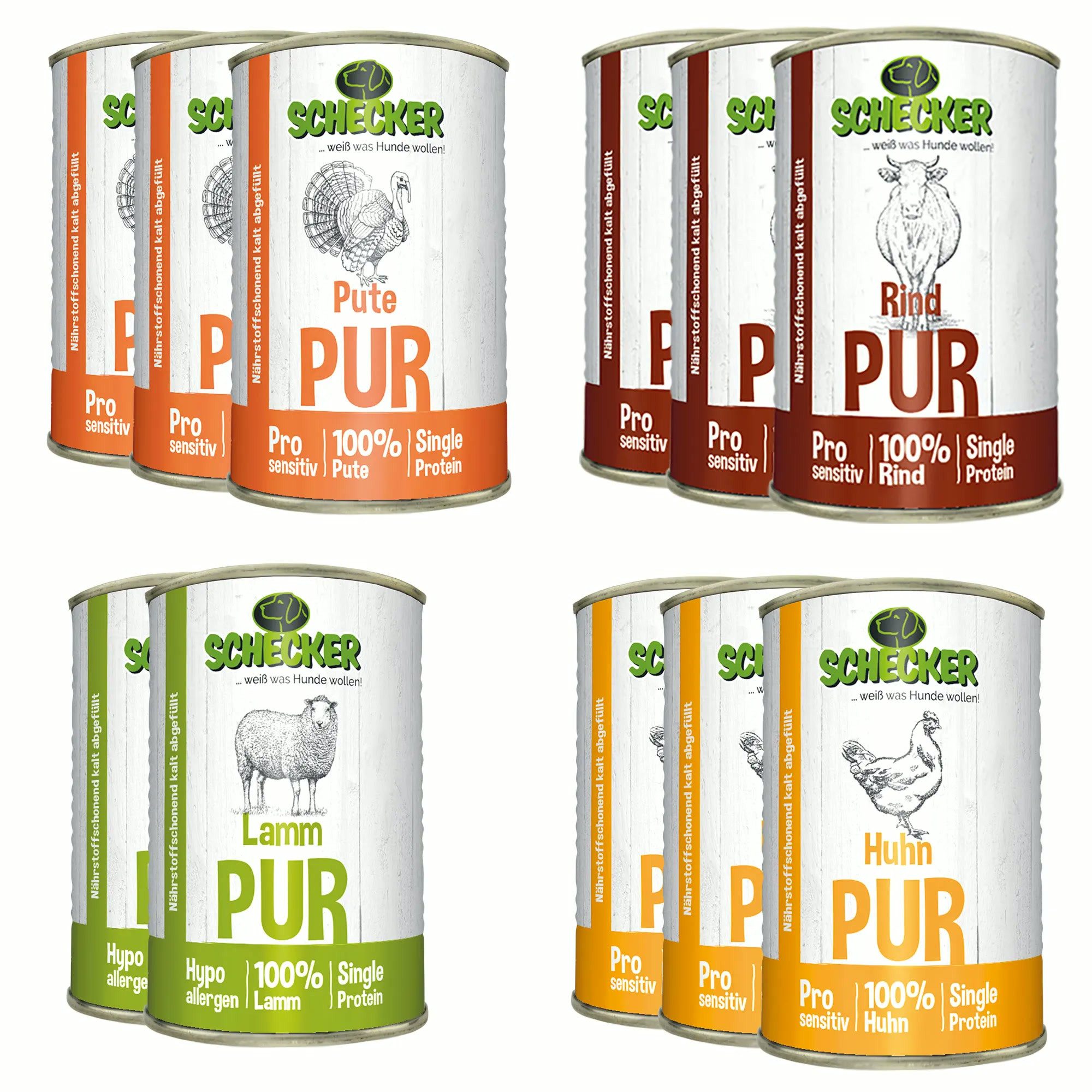 Schecker Schecker Nassfutter - Fleisch PUR 11er, 11 x 410g, Nassfutter für: Hunde, ohne Farbstoffe, ohne Konservierungsstoffe, ohne Geschmacksverstärker