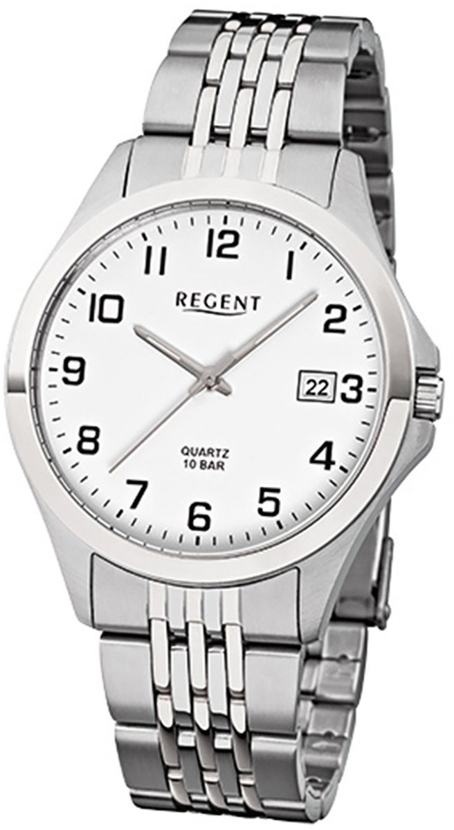 Herren-Armbanduhr silber Herren rund, Datumsanzeige Armbanduhr Quarzuhr Regent Analog, (ca. grau 39mm), Regent mittel Edelstahlarmband,