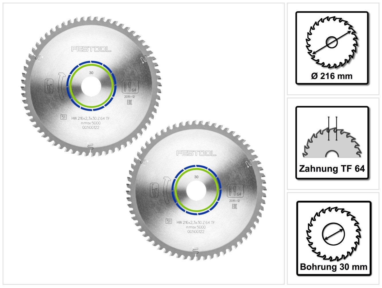 FESTOOL Kreissägeblatt Spezial Kreissägeblatt Set 2x HW 216 x 30 x 2,3 mm TF64 216 mm (2x 5