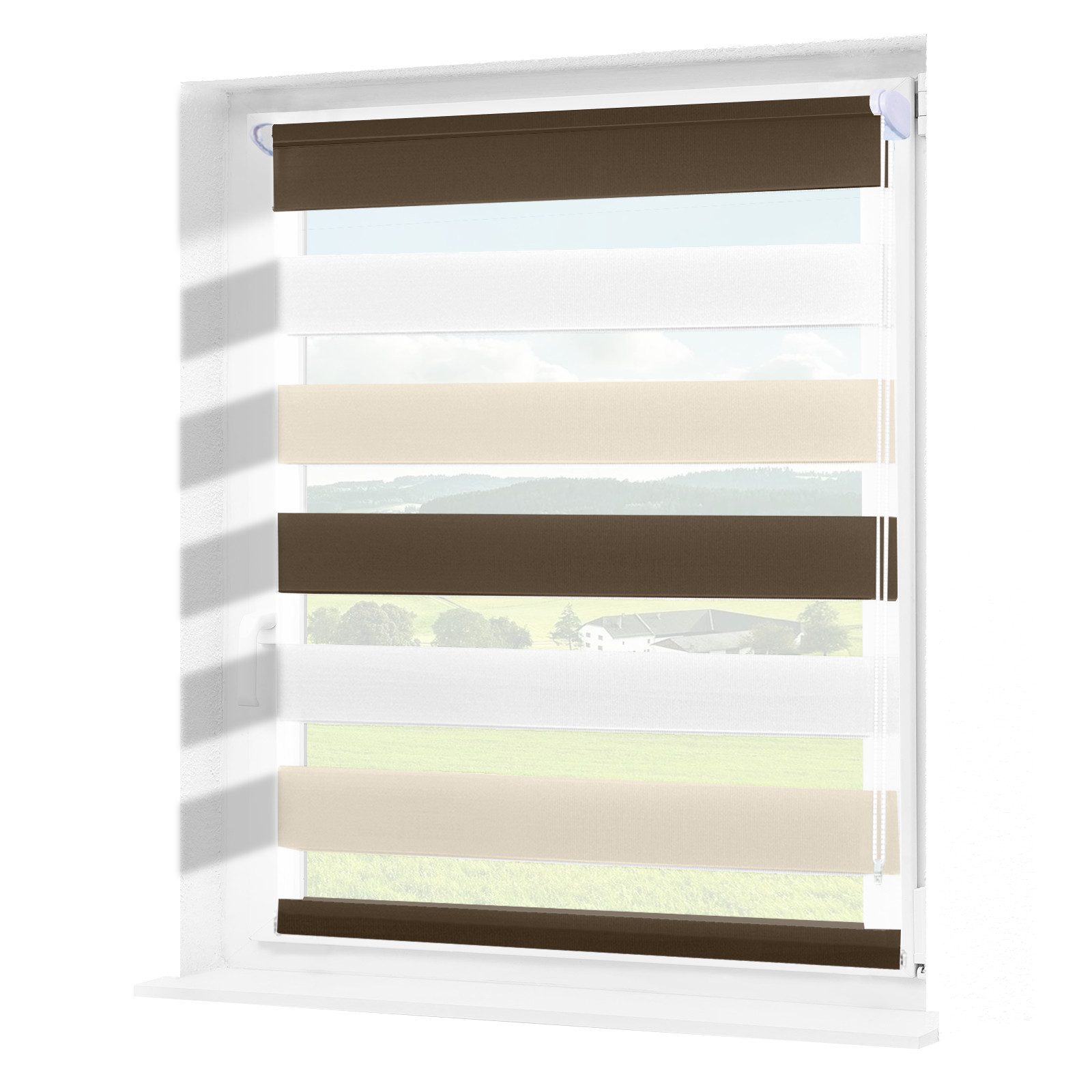 Doppelrollo ohne Bohren, Weiß-Beige-Braun/Weiß-Grau-Anthrazit, OUBO, Lichtdurchlässig Rollo für Fenster & Tür, Klemmfix, Klemmträger, Lichtschutz schnelle und einfache Montage mit beiliegendem