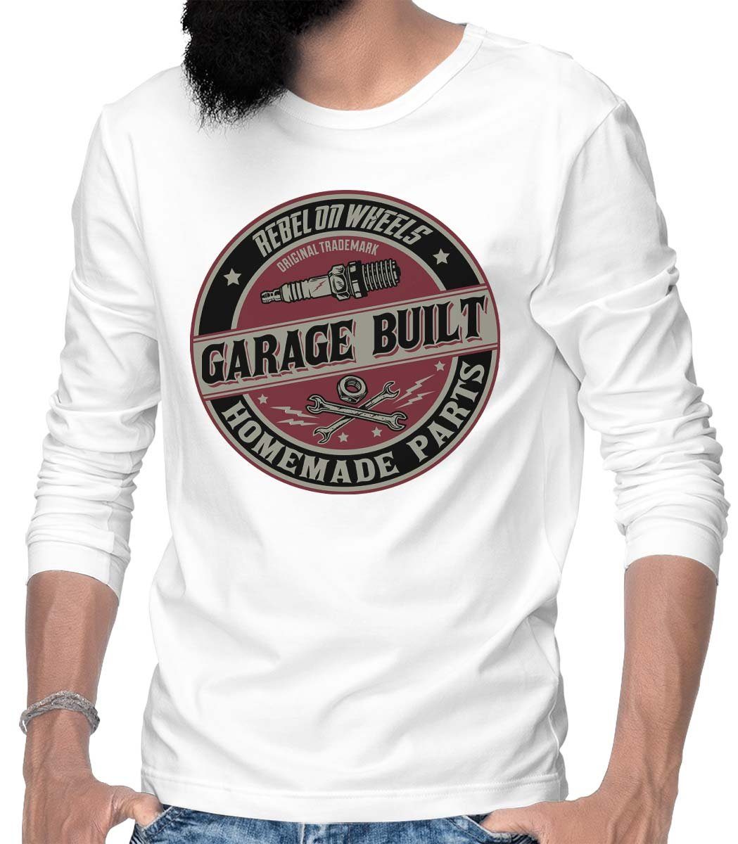 Rebel On Wheels Longsleeve Herren Langarm T-Shirt Longsleeve Tee Garage Built mit Auto / US-Car Motiv Weiß