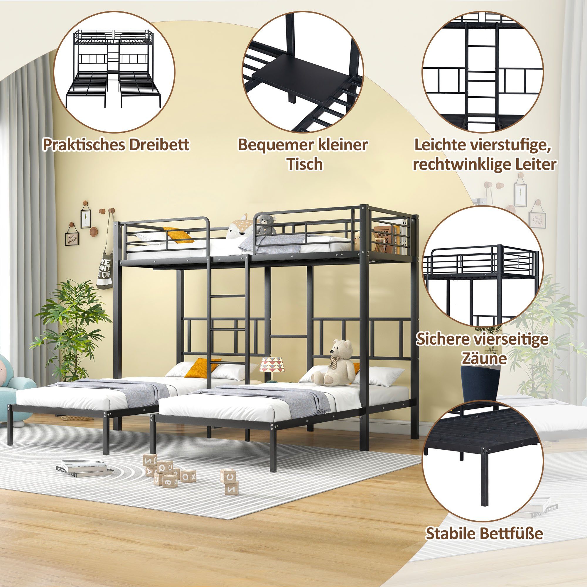 Flieks Etagenbett, Dreierbett Kinderbett Metallbett mit Leiter 90x200cm*3