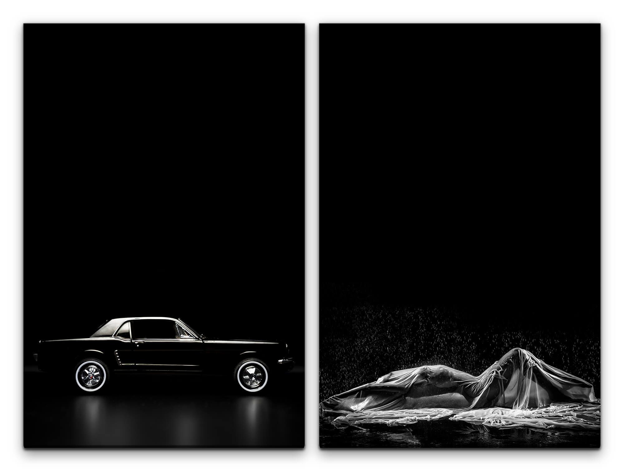 Leinwandbild 2 Bilder je 60x90cm Ford Mustang Schwarz Model Sexy Erotisch Sinnlich Akt