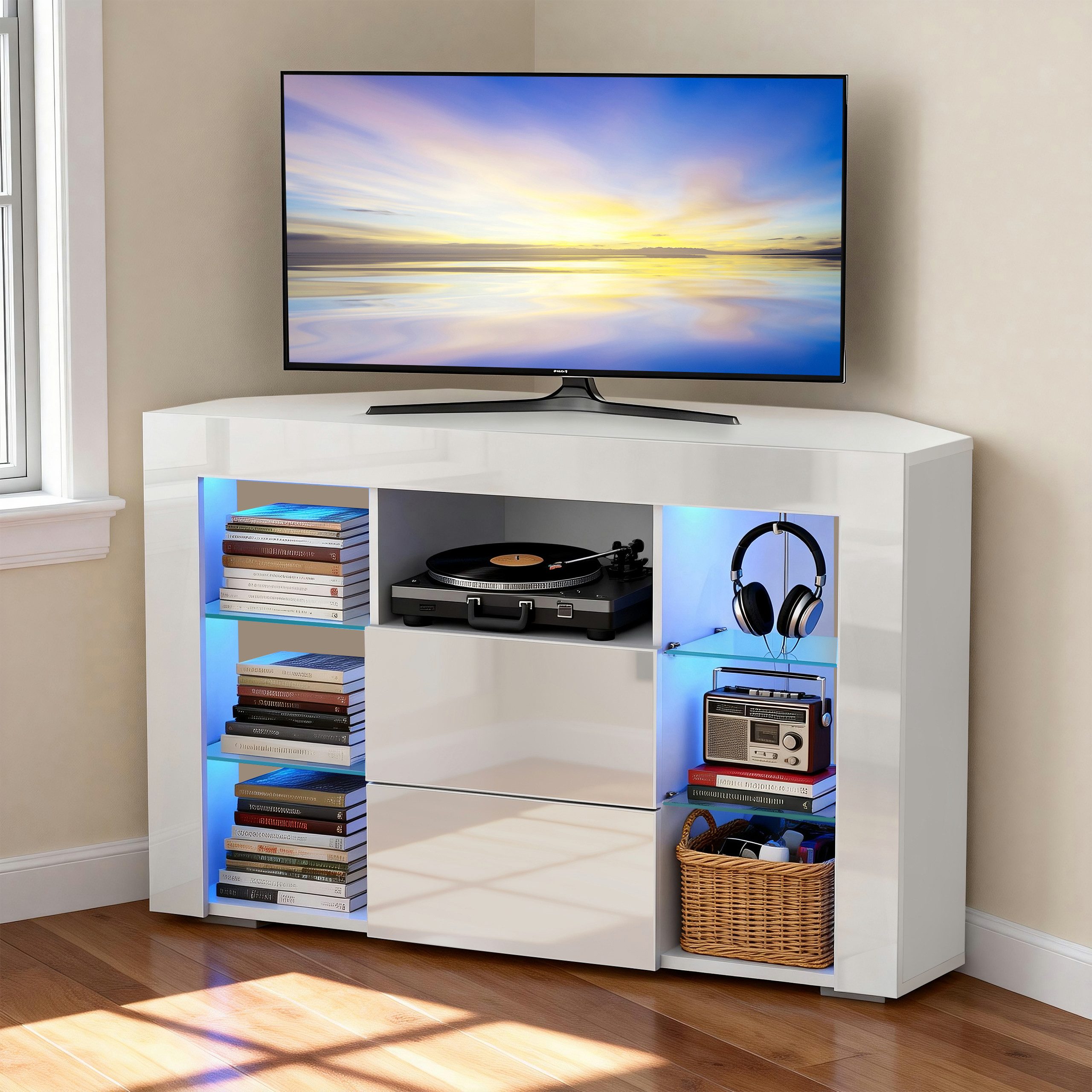 oyajia Lowboard TV Eckschrank Fernsehtisch Hochglanz mit LED-Beleuchtung 100x40x68 cm (mit 16 Led Farben Beleuchtung), TV-Schrank mit 2 Schränken & offenen Regalen